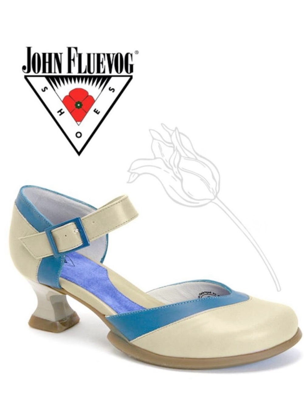 John Fluevog Two-Tone Obrigada Cream and Blue Mary Jane Heel